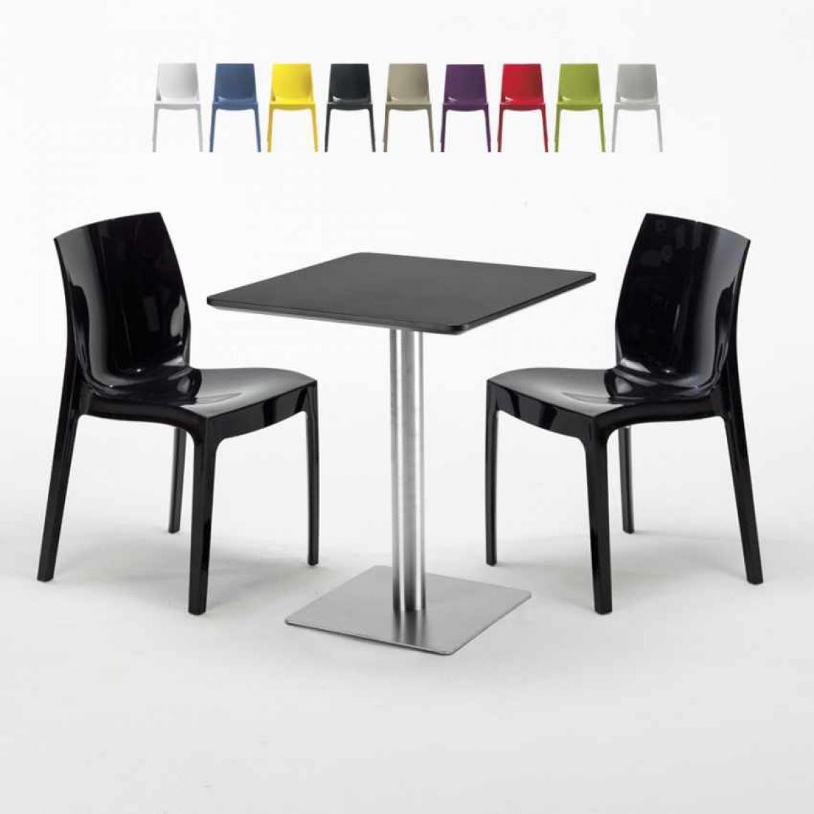 Grand Soleil - Table carrée 60x60 cm Base Argent E Top Noir Avec 2 Chaises Colorées Ice Pistachio, Couleur: Noir - Tables à manger