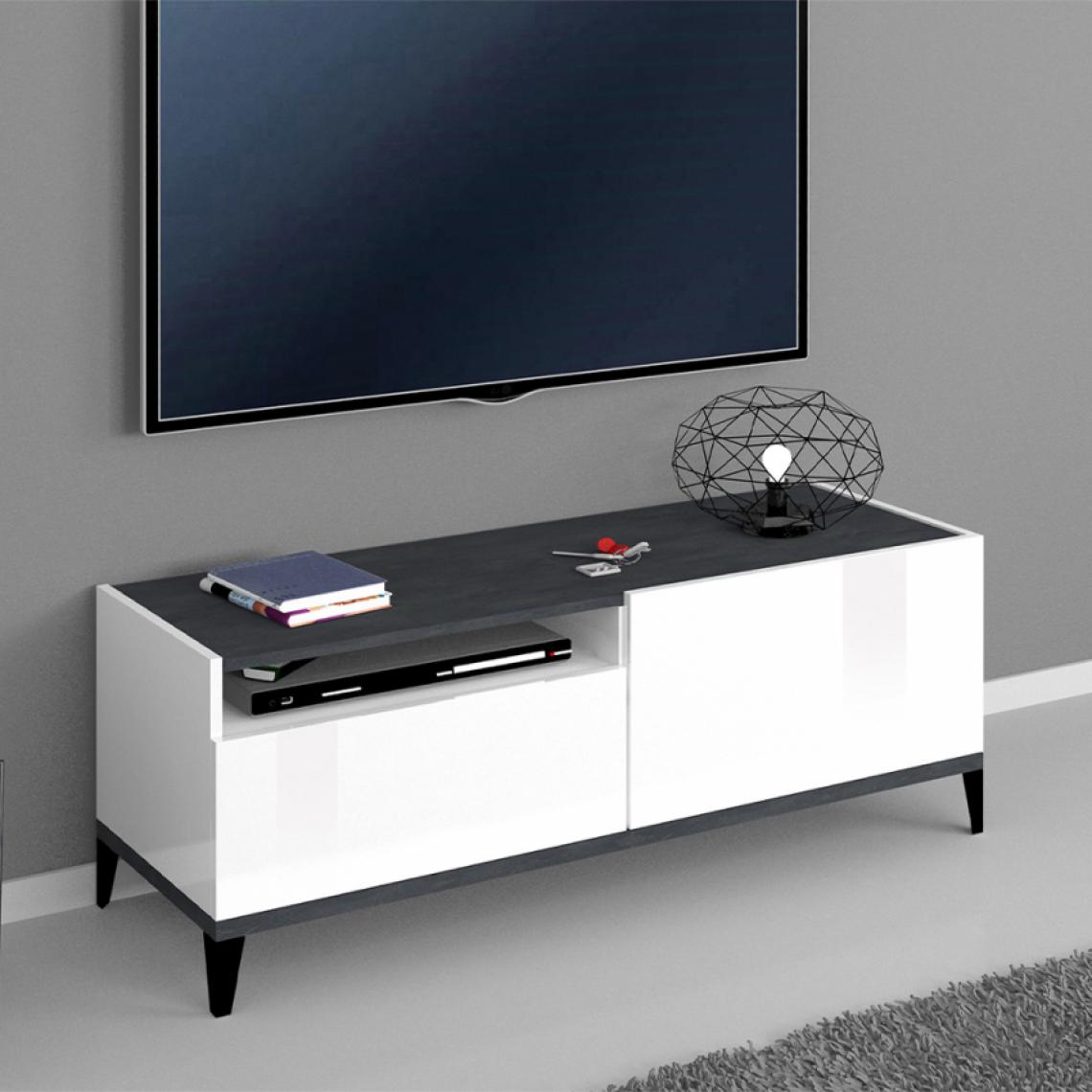 Ahd Amazing Home Design - Meuble TV Salon 120x40cm Compartiment Tiroir Blanc Brillant Ardoise Gerald - Meubles TV, Hi-Fi