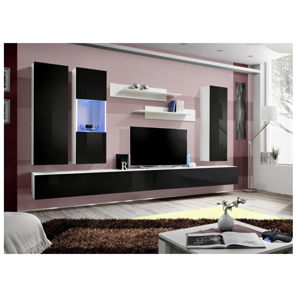 Ac-Deco - Ensemble meuble TV mural - Fly III - 320 cm x 190 cm x 40 cm - Blanc et noir - Meubles TV, Hi-Fi