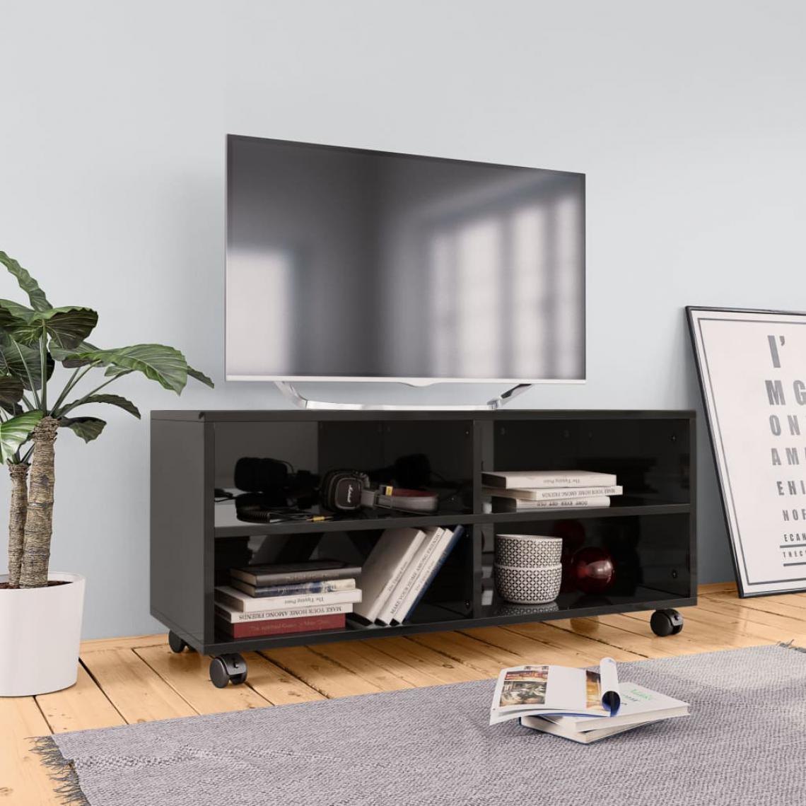 Chunhelife - Meuble TV avec roulettes Noir brillant 90x35x35 cm Aggloméré - Meubles TV, Hi-Fi