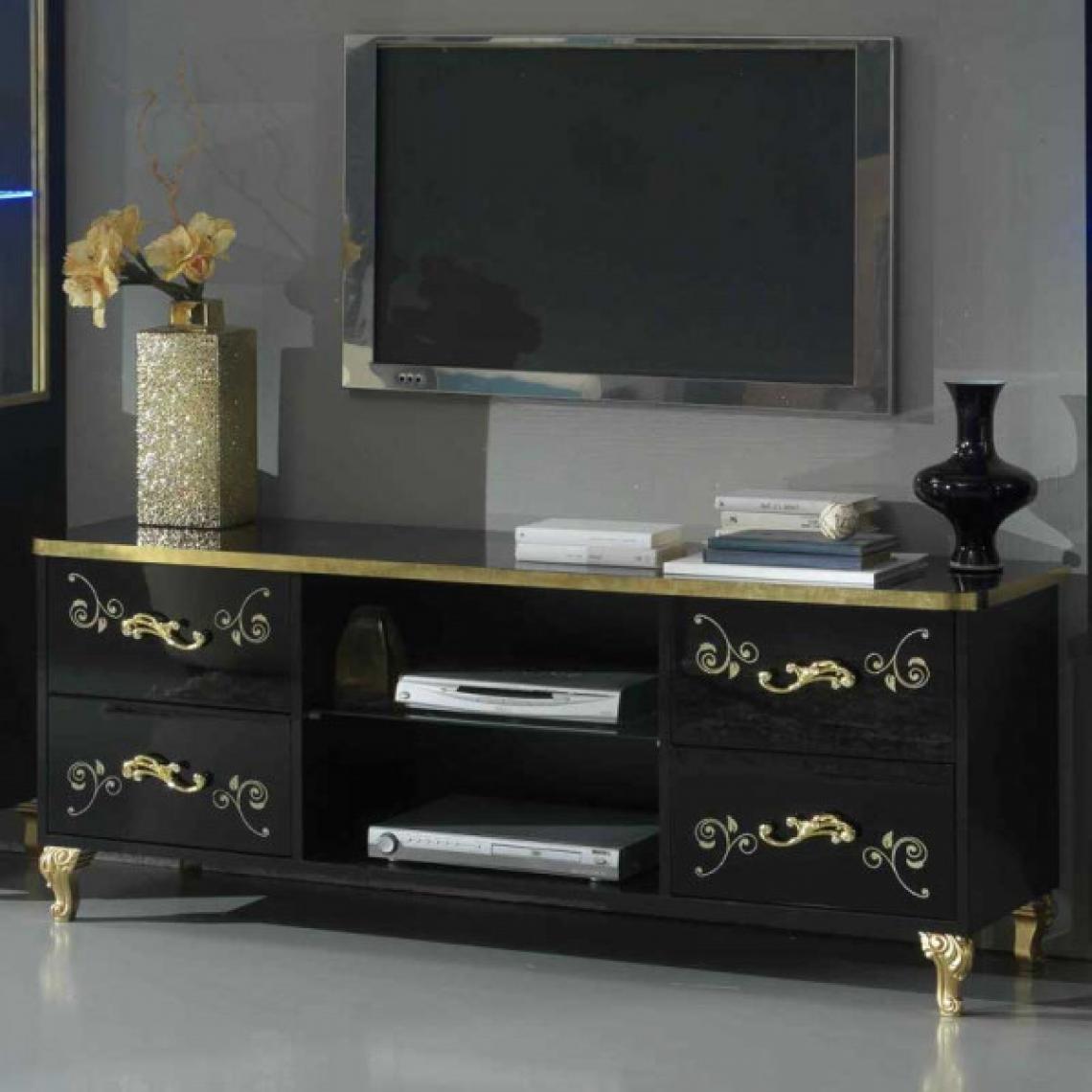 Dansmamaison - Meuble TV 4 tiroirs Laque Noir Brillant / Or - SEBORGA - L 160 x l 48 x H 61 cm - Meubles TV, Hi-Fi