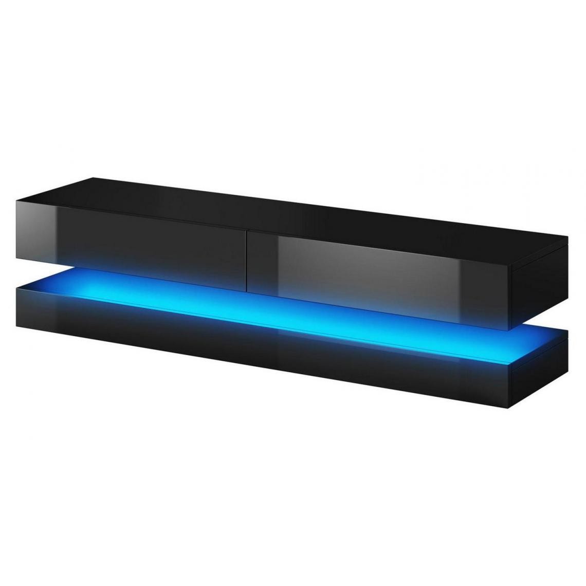 Pegane - Meuble TV coloris noir mat / noir brillant avec éclairage LED bleu - Hauteur 35 x Longueur 140 x Profondeur 46 cm - Meubles TV, Hi-Fi
