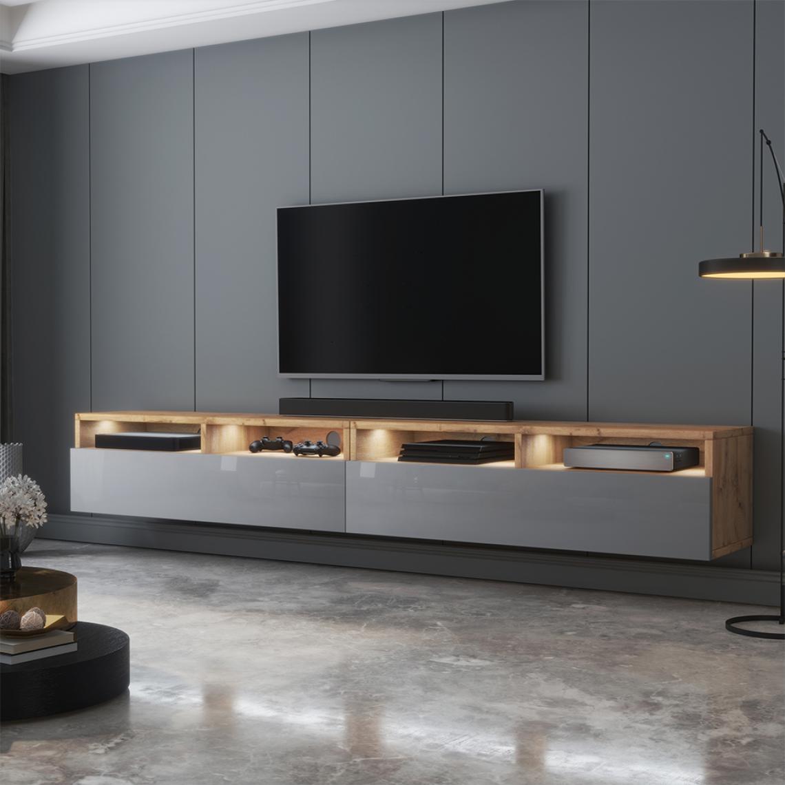 Selsey - Meuble TV - REDNAW - 200 cm - chêne wotan / gris brillant - avec LED - Meubles TV, Hi-Fi