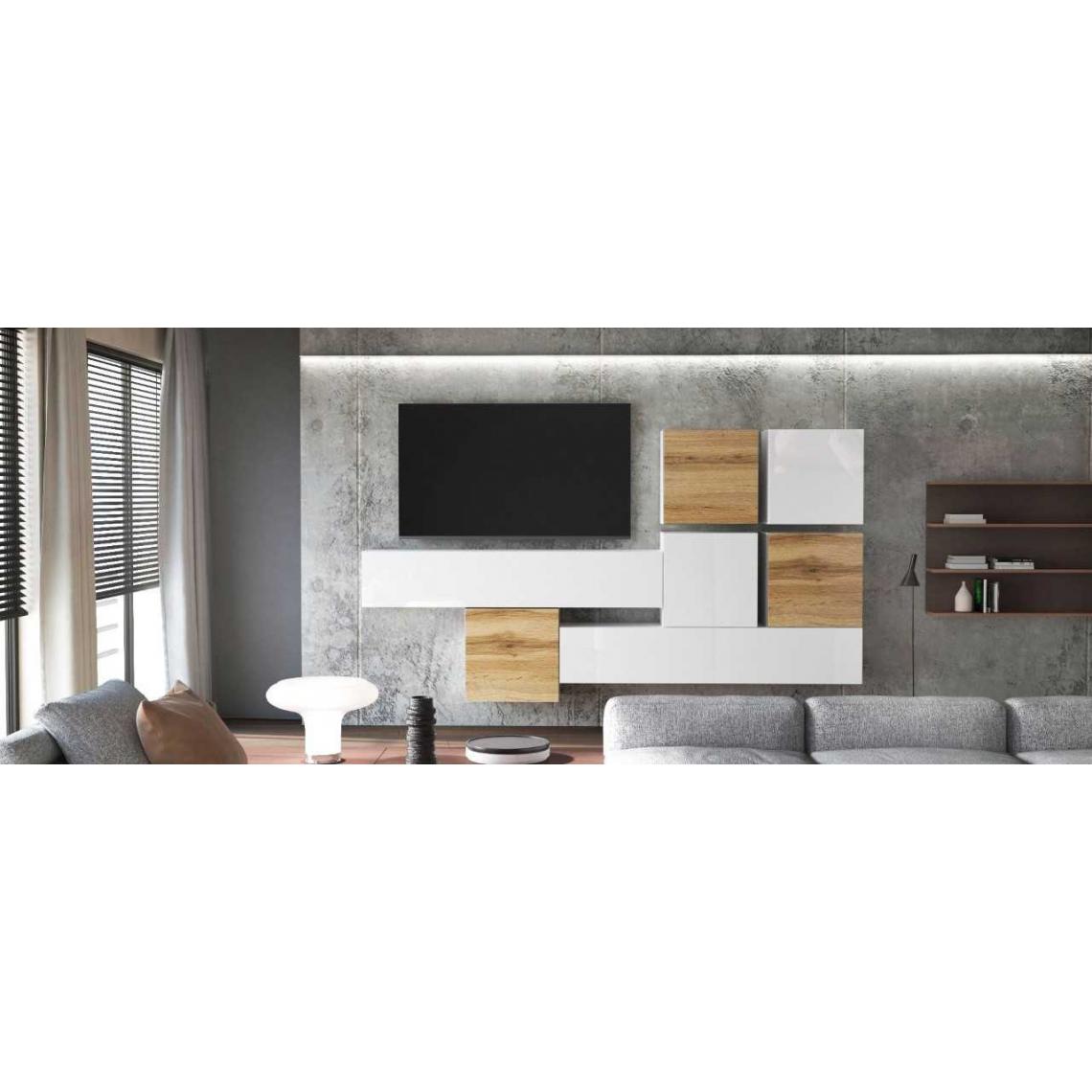 Mpc - Ensemble de 7 meubles suspendus blanc mat / aspect chêne wotan + blanc laqué - Meubles TV, Hi-Fi