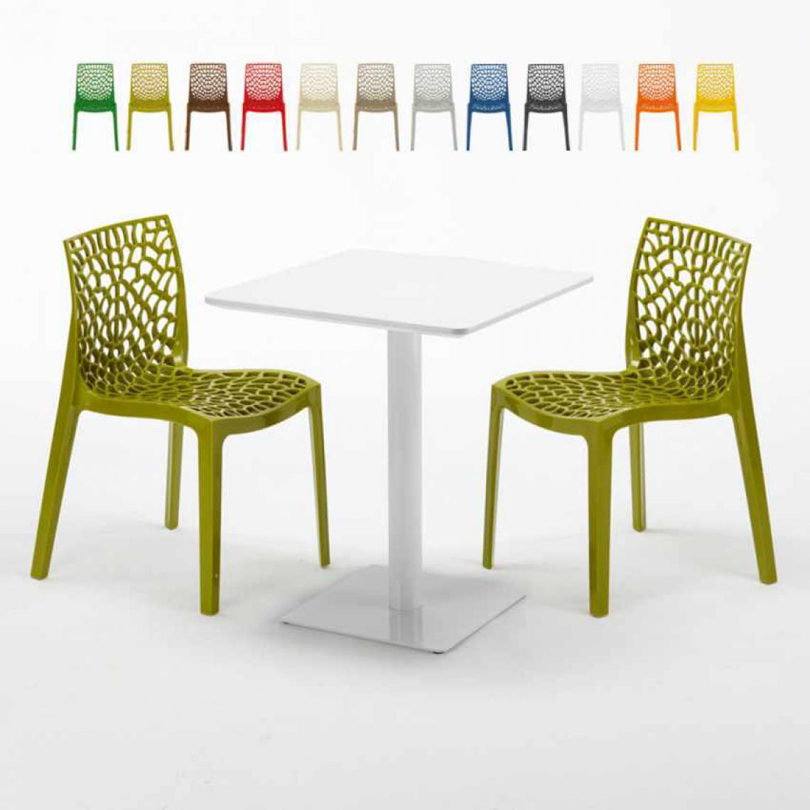 Grand Soleil - Table carrée 60x60 blanche avec 2 chaises colorées Gruvyer Lemon, Couleur: Anis vert - Tables à manger