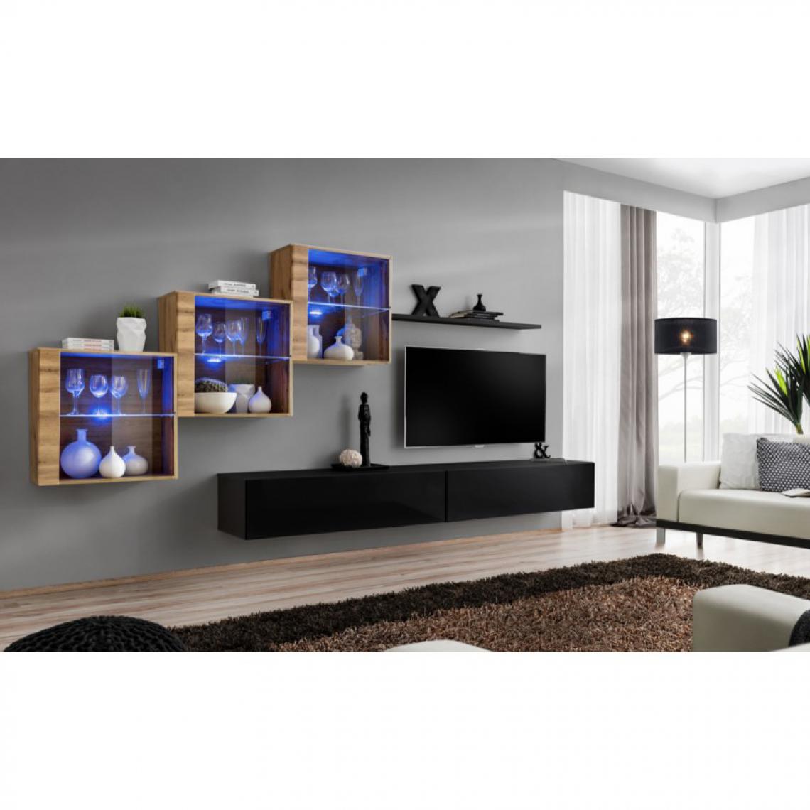 Ac-Deco - Meuble TV Mural Design Switch XX 330cm Noir & Naturel - Meubles TV, Hi-Fi