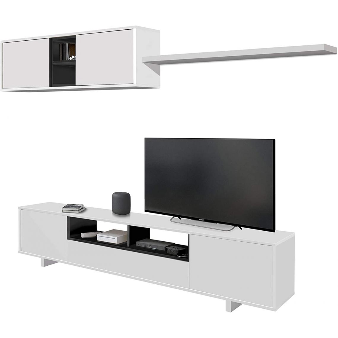 Pegane - Meuble TV avec 3 portes et 1 Niche de rangement coloris blanc brillant / gris anthracite -  H46 x L200 x P41 cm - Meubles TV, Hi-Fi