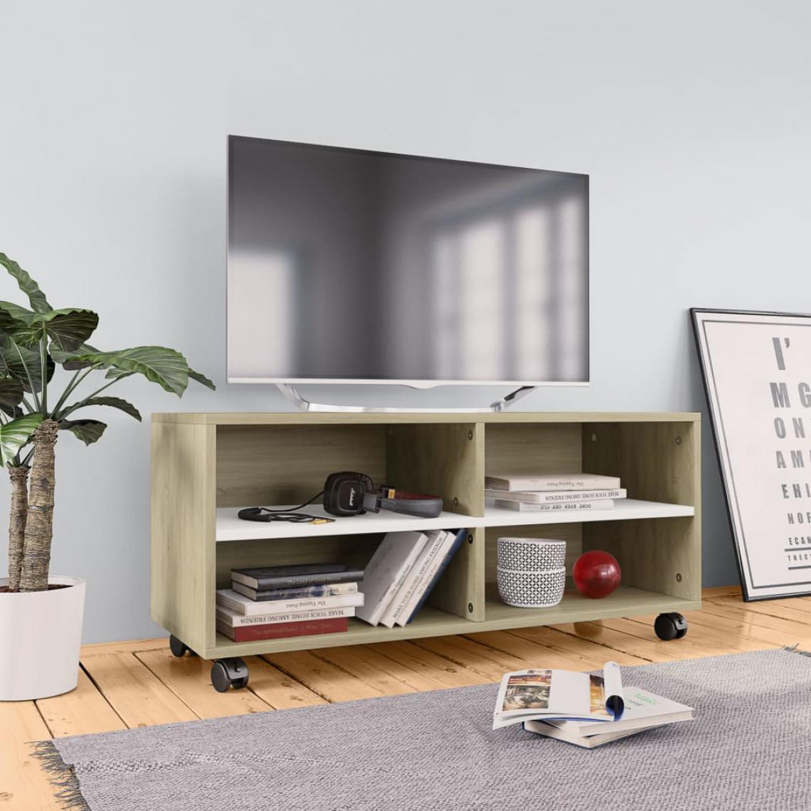 Chunhelife - Meuble TV avec roulettes Blanc et chêne sonoma 90x35x35 cm - Meubles TV, Hi-Fi