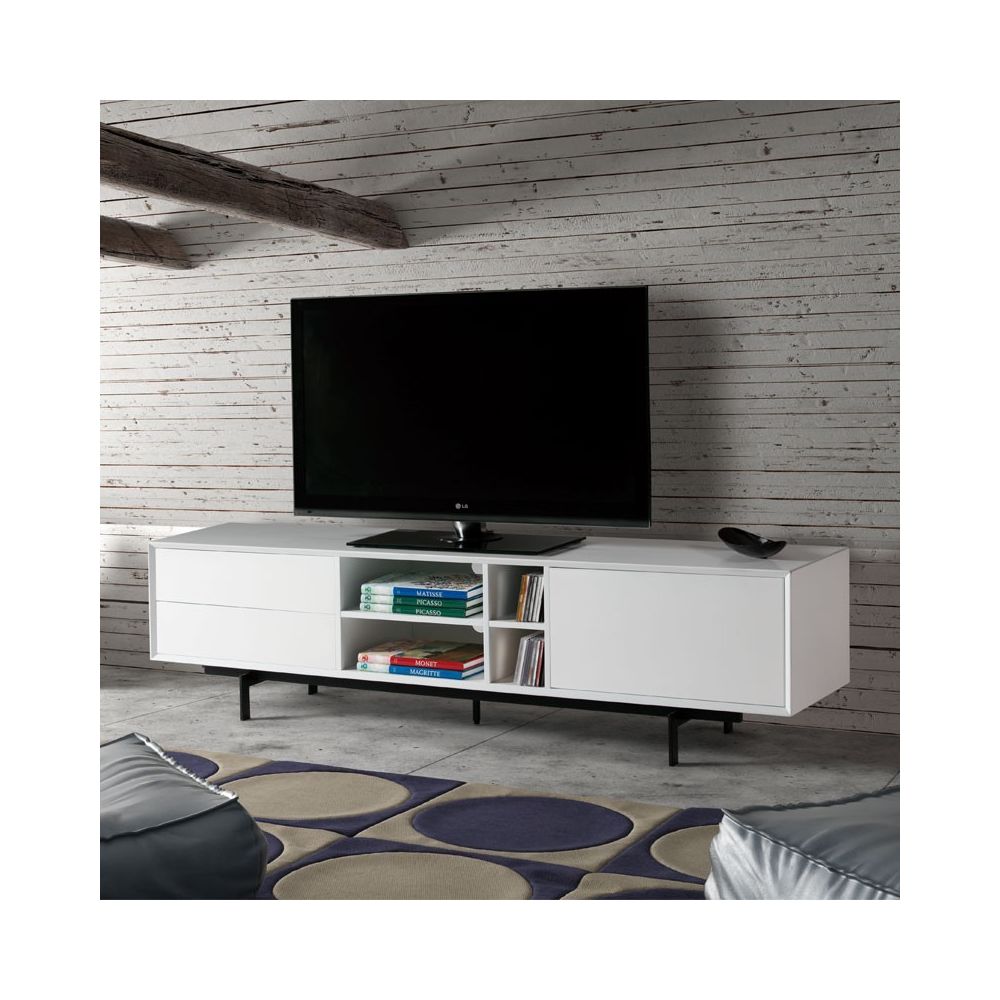 Tousmesmeubles - Meuble TV Blanc 2 tiroirs 1 porte - TRIBECA - Meubles TV, Hi-Fi