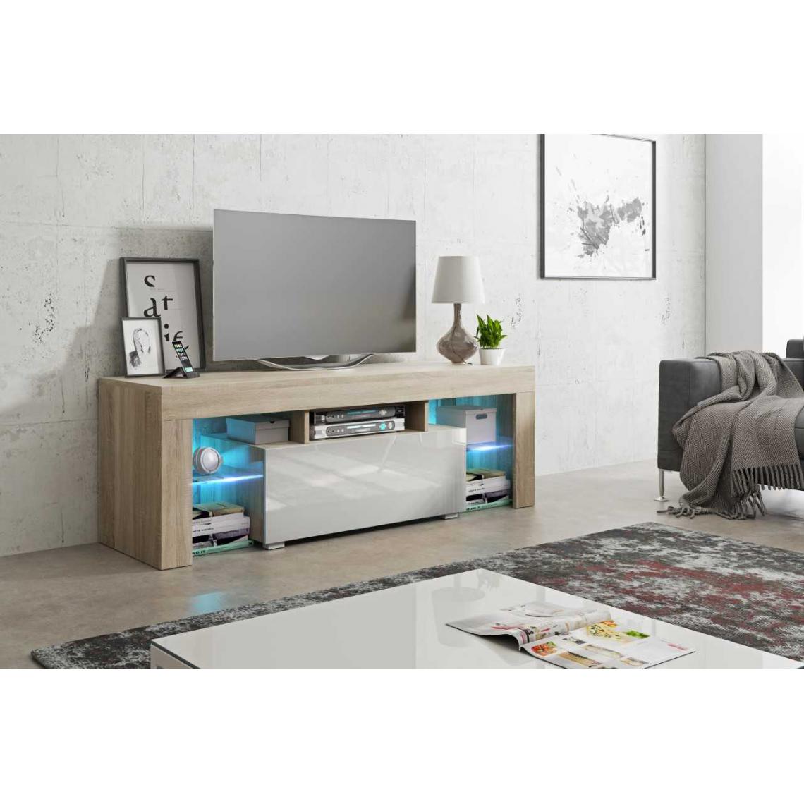 Mpc - Meuble tv 130 aspect chêne sonoma / blanc brillant + led - Meubles TV, Hi-Fi