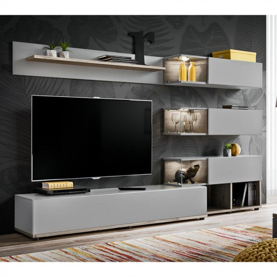Ac-Deco - Ensemble Meuble TV Design Silk 240cm Gris & Naturel - Meubles TV, Hi-Fi