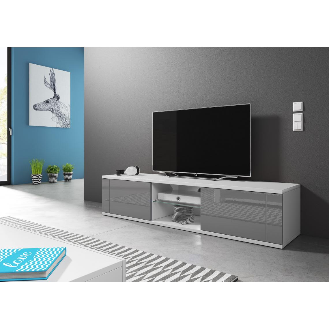 Vivaldi - VIVALDI Meuble TV - HIT - 140 cm - blanc mat / gris brillant avec LED - style design - Meubles TV, Hi-Fi