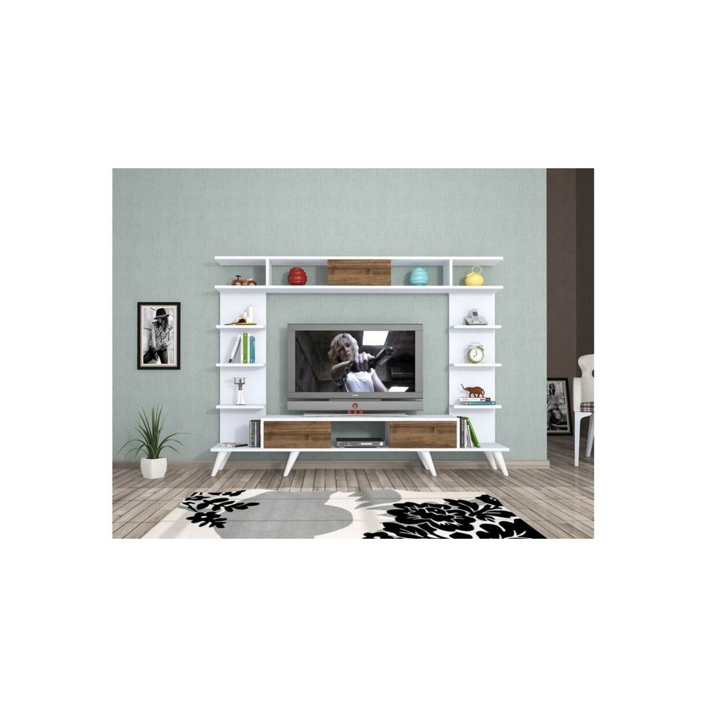 Homemania - HOMEMANIA Meuble TV Pan Moderne Murale - avec Portes, Étagères - pour Salon - Blanc, Chêne en Bois, 180 x 35 x 135 cm - Meubles TV, Hi-Fi