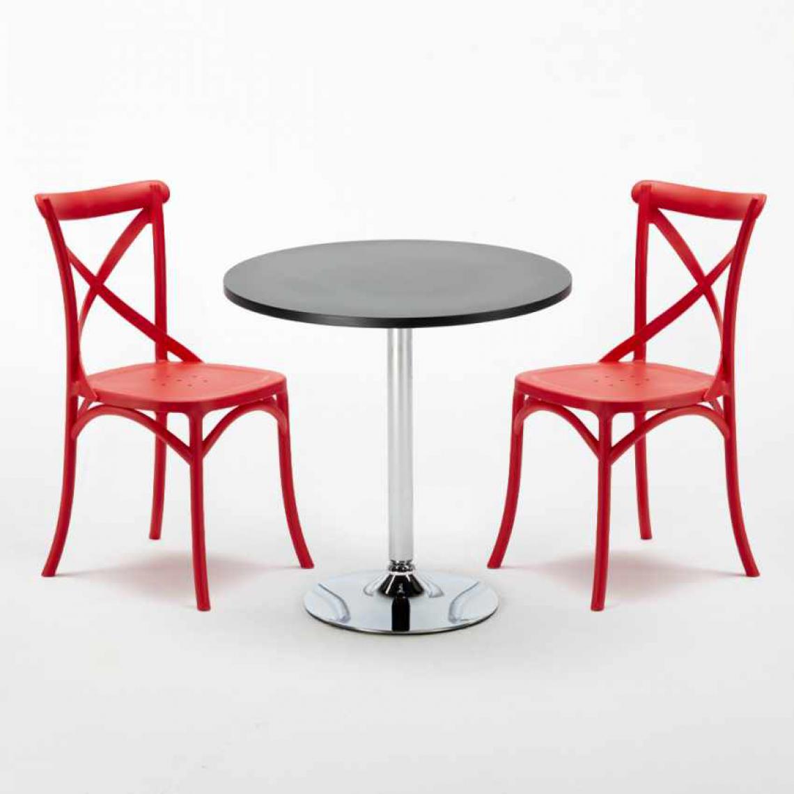 Ahd Amazing Home Design - Table Ronde Noire 70x70cm Avec 2 Chaises Colorées Set Intérieur Bar Café Vintage Cosmopolitan, Couleur: Rouge - Tables à manger