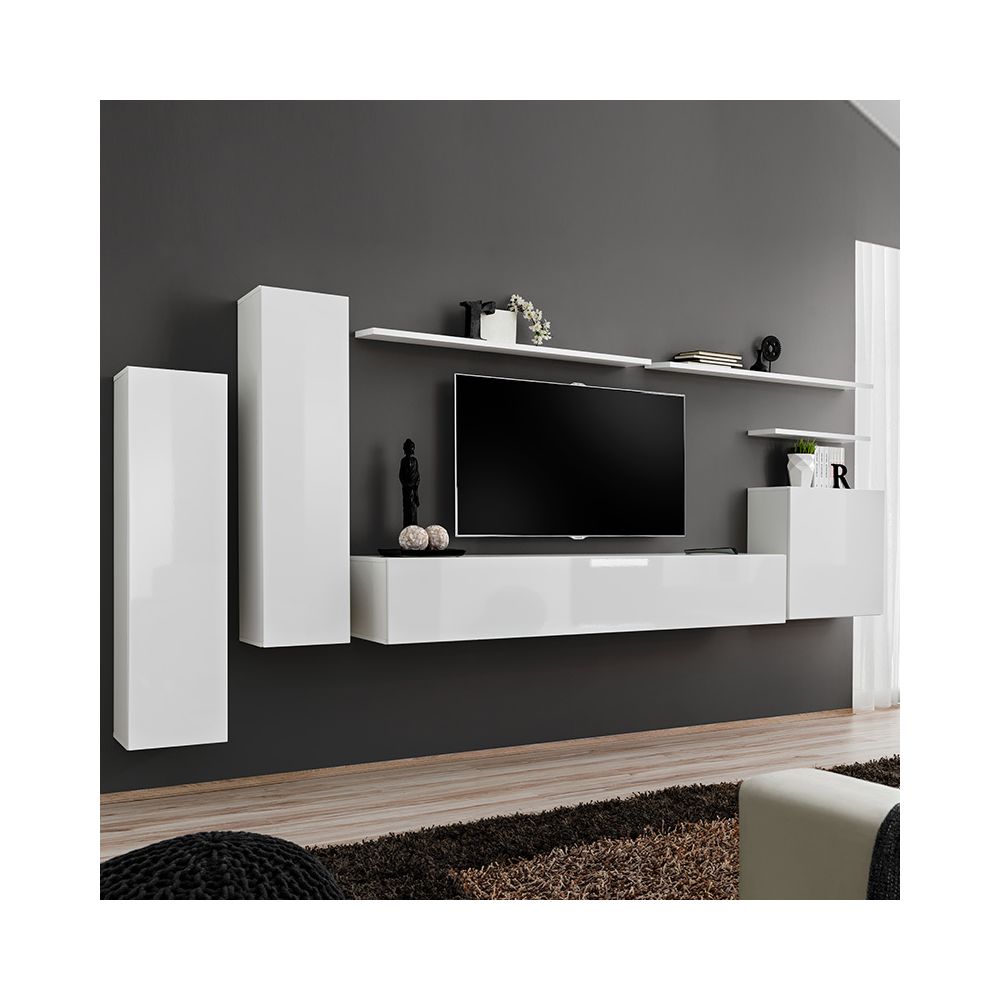 Nouvomeuble - Banc TV mural blanc laqué ANDRIA 3 - Meubles TV, Hi-Fi