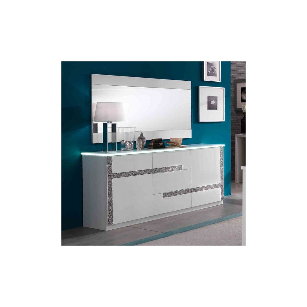 Dansmamaison - Buffet 2 portes 3 tiroirs Blanc à LEDs - CRAC - L 180 x l 49 x H 85 cm - Buffets, chiffonniers