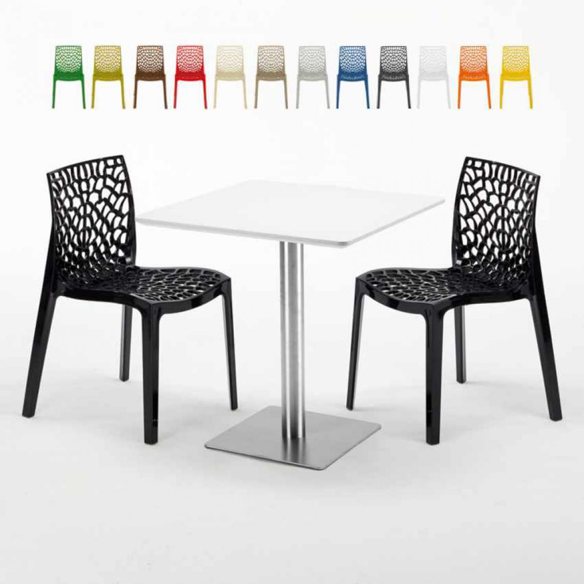 Grand Soleil - Table carrée blanche 70x70 avec pied en acier et 2 chaises colorées Gruvyer STRAWBERRY, Couleur: Noir - Tables à manger