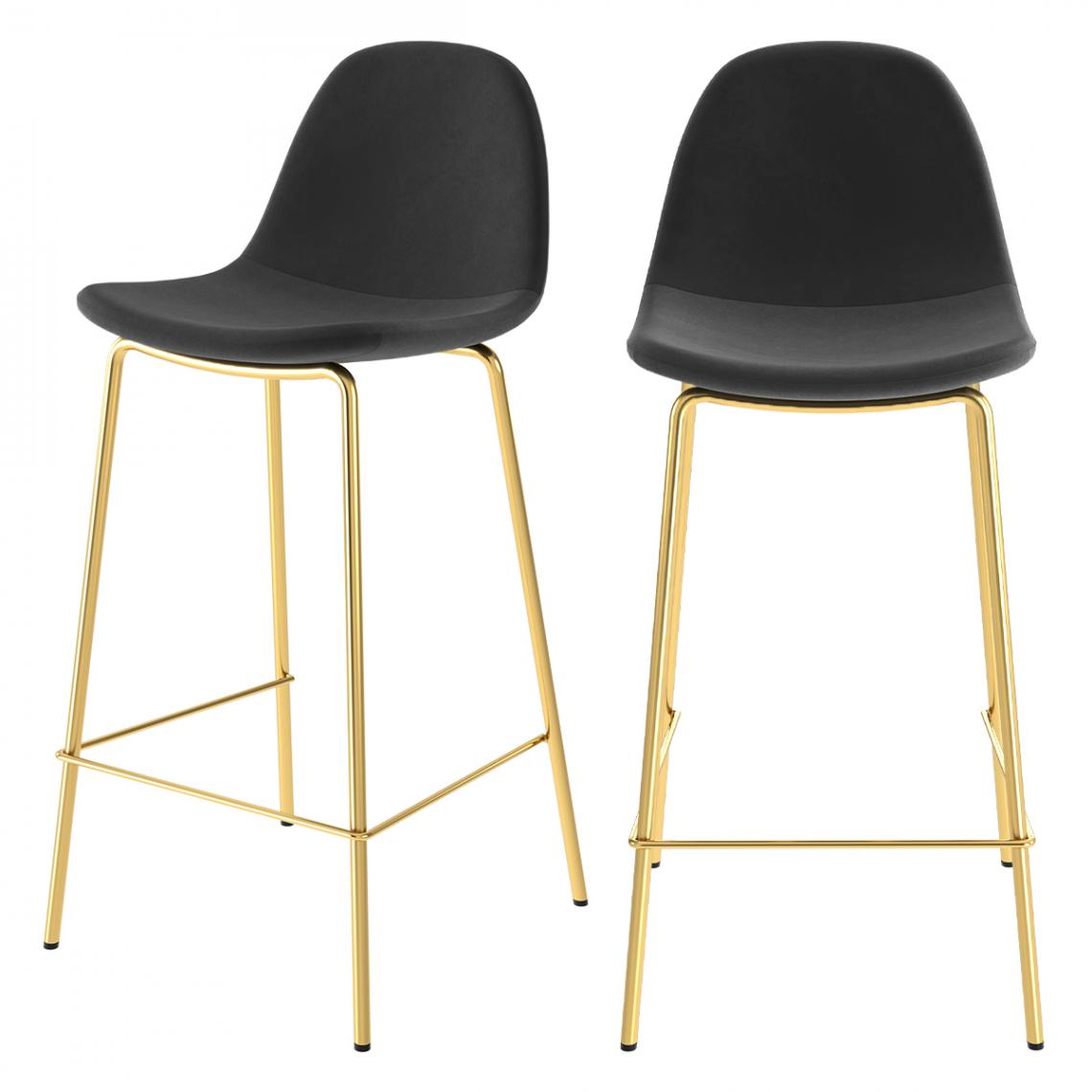 Rendez Vous Deco - Chaise de bar mi-hauteur Henrik en velours noir 65 cm (lot de 2) - Tabourets