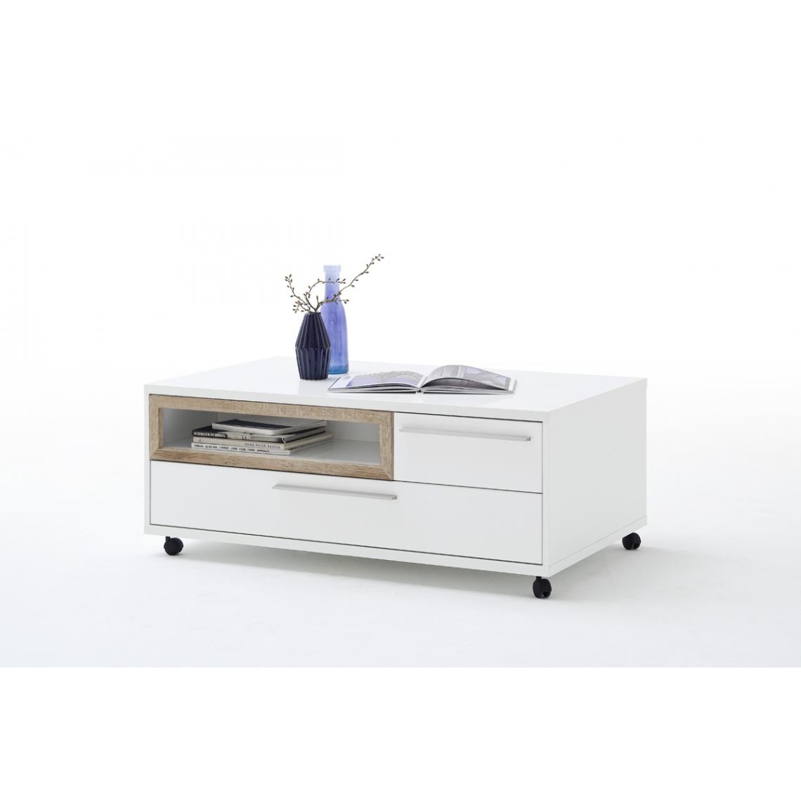 Pegane - Table basse blanc brillant et imitation chêne - L115 x H48 x P70 cm - Tables basses