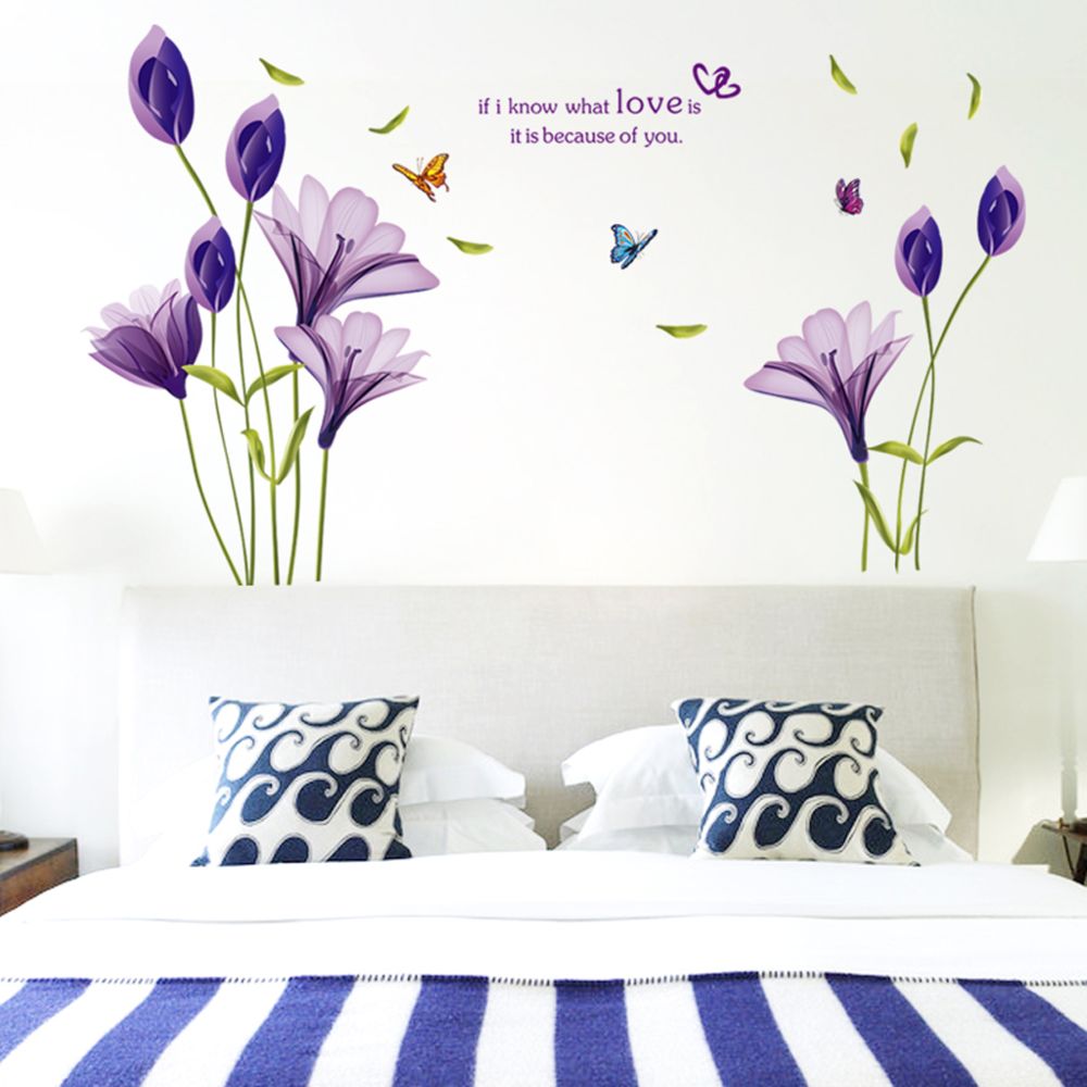 marque generique - 70x50cm pvc 3d violet fleurs autocollants mural autocollant décoratif mural - Objets déco