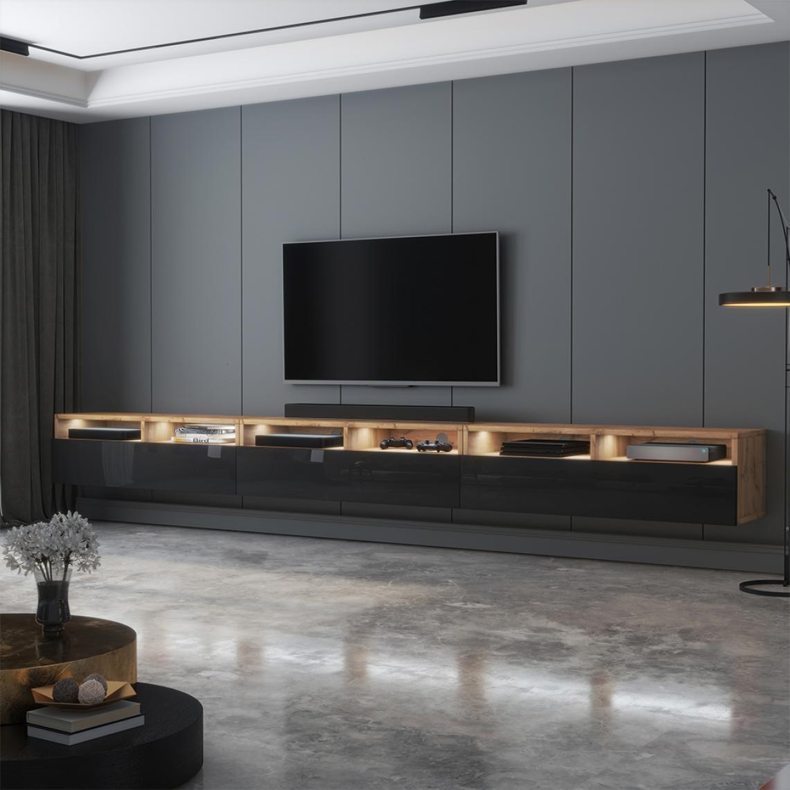Selsey - Meuble TV - REDNAW - 300 cm - chêne wotan / noir brillant - avec LED - Meubles TV, Hi-Fi