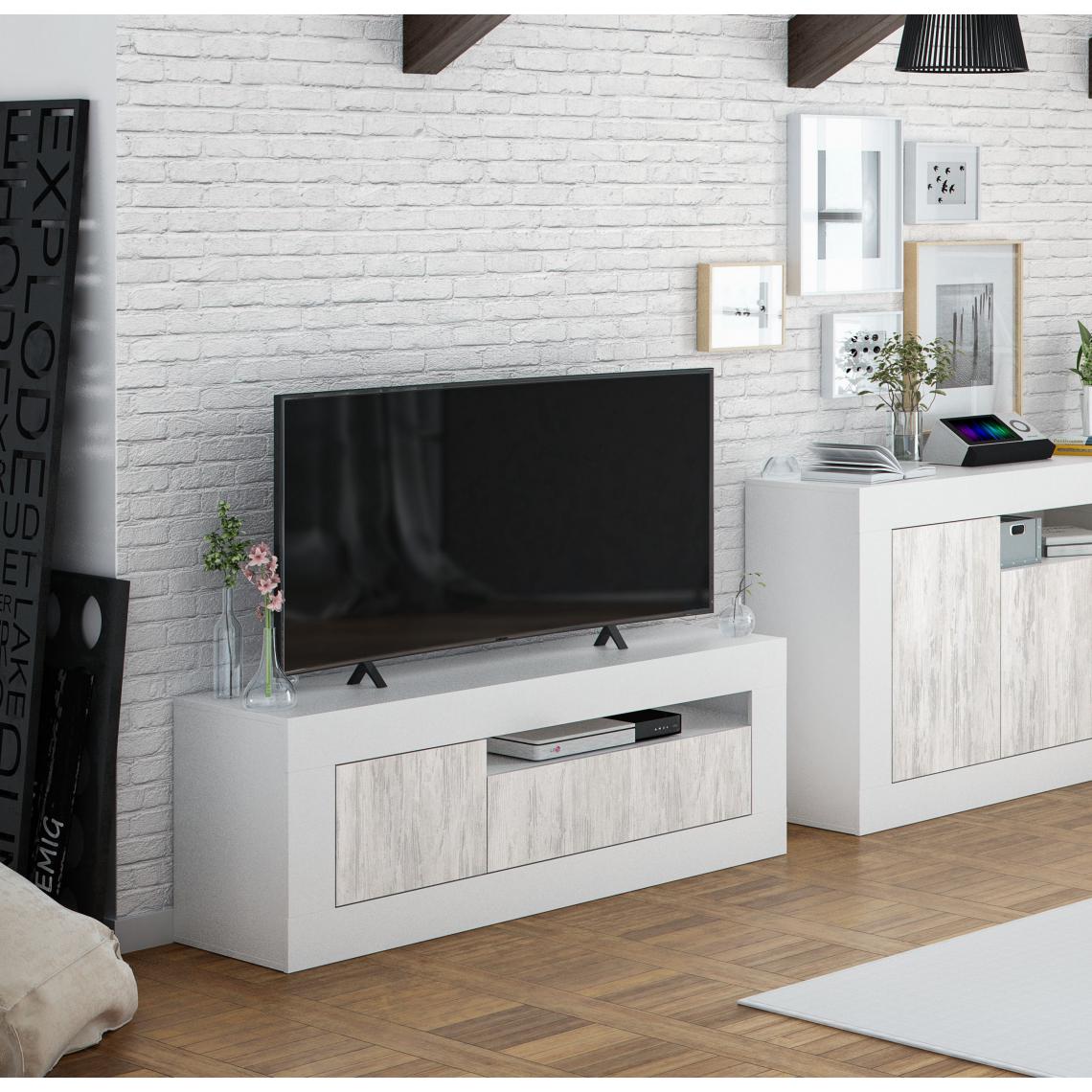 Alter - Meuble TV de salon composé d'un module à trois portes, coloris chêne et blanc, 139 x 53 x 42 cm - Meubles TV, Hi-Fi