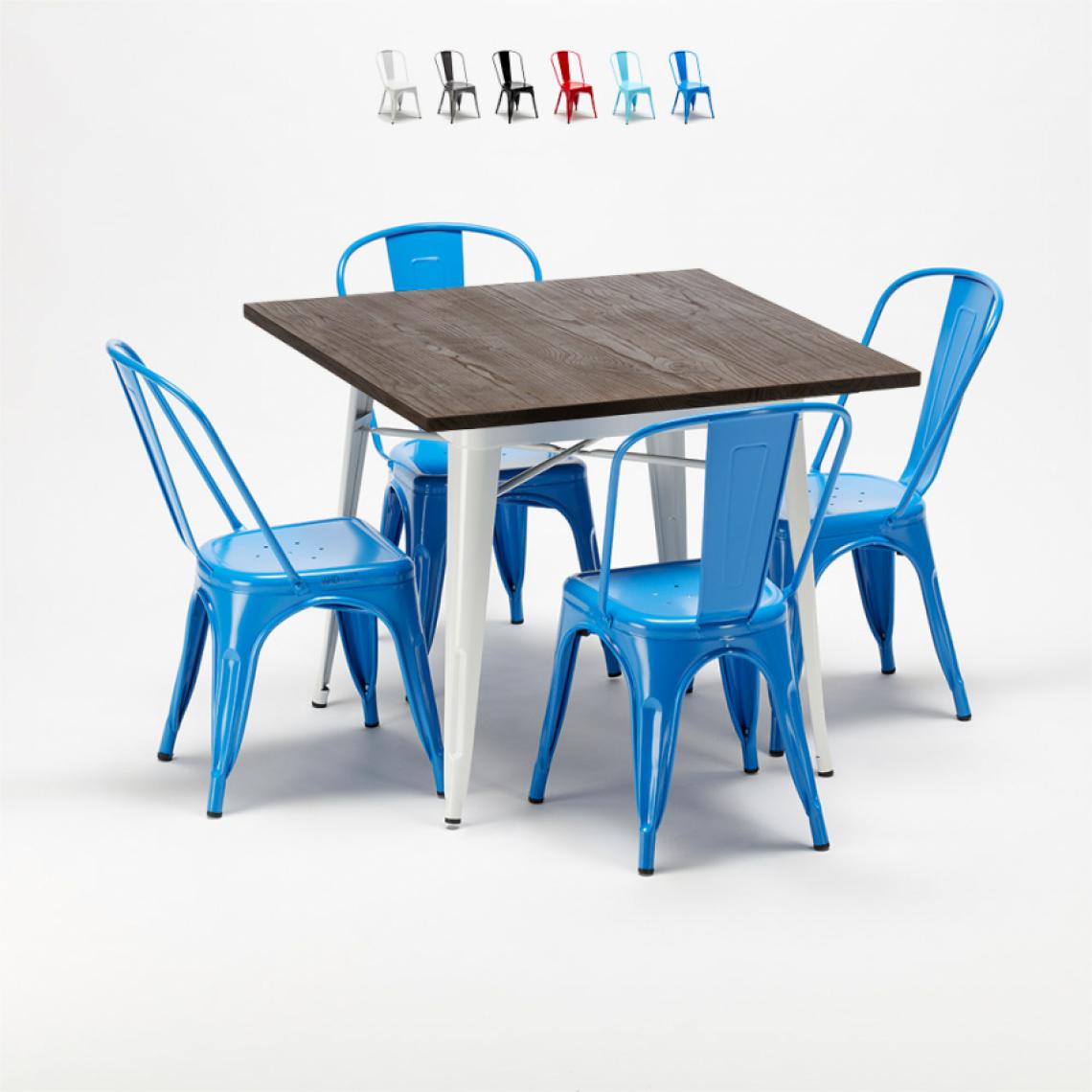 Ahd Amazing Home Design - Ensemble table et chaises carrées en métal bois Tolix style industriel Midtown, Couleur: Bleu - Tables à manger