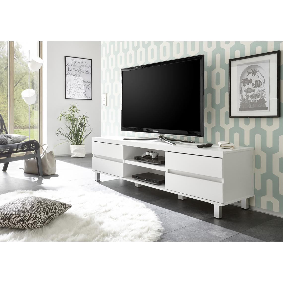 Pegane - Meuble TV avec 4 tiroirs décor blanc mat - L165 x H47 x P40 cm - Meubles TV, Hi-Fi