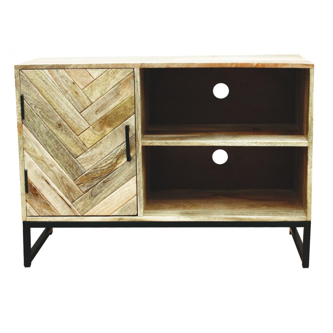 Pegane - Meuble TV en bois de manguier et acier laqué noir - Longueur 90 x profondeur 40 x hauteur 50 cm - Meubles TV, Hi-Fi