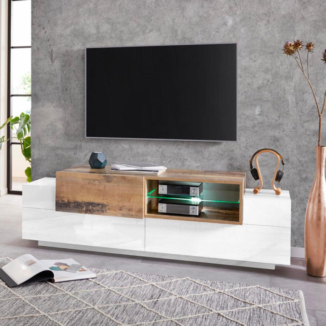 Ahd Amazing Home Design - Meuble TV 3 Portes Compartiment Ouvert 160cm Blanc Bois New Coro Low M - Meubles TV, Hi-Fi