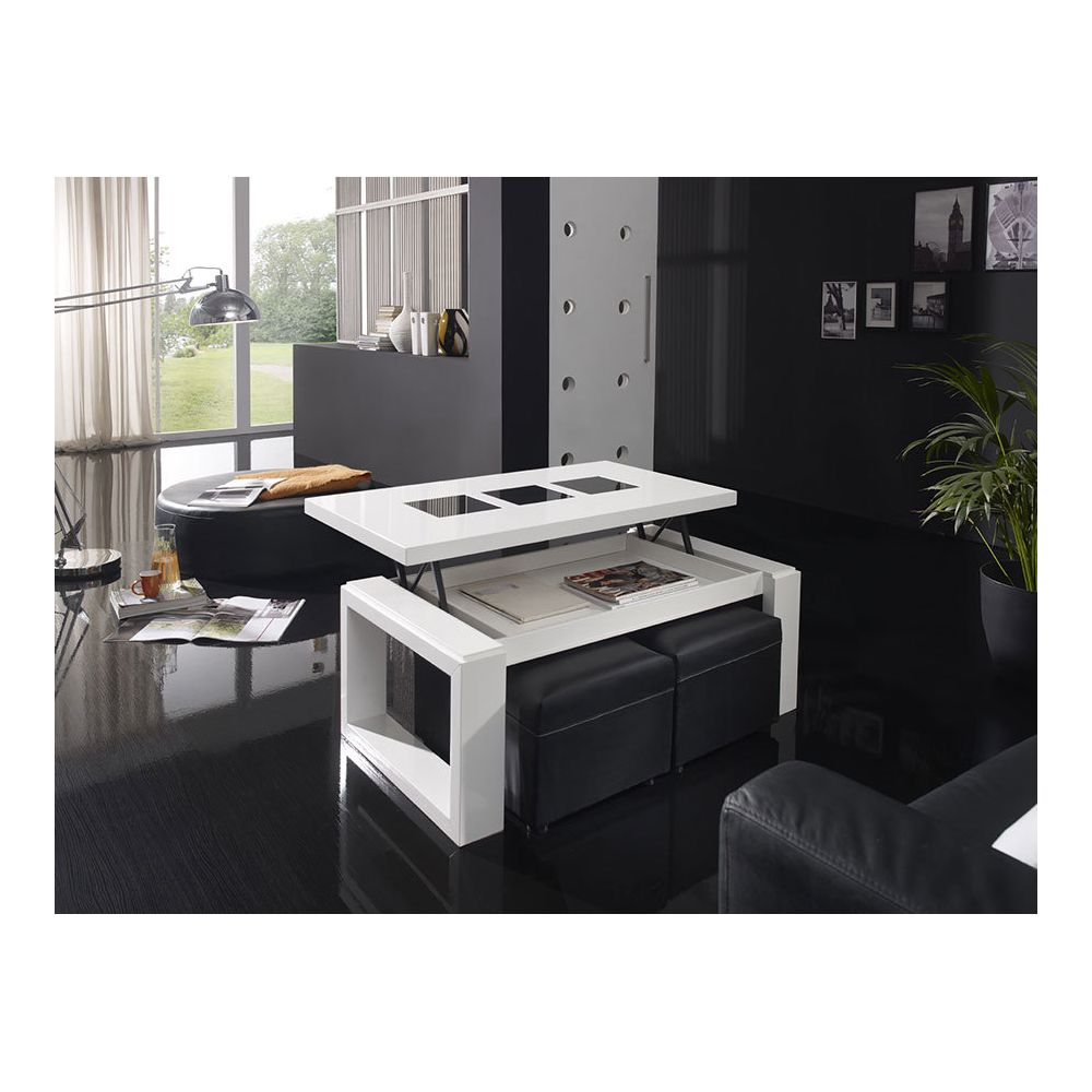 Happymobili - Table de salon relevable 110 cm blanc laqué design CANDELA - Tables basses