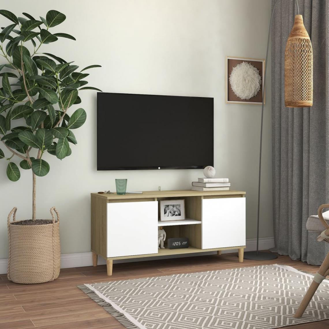 Vidaxl - vidaXL Meuble TV et pieds en bois Blanc et chêne sonoma 103,5x35x50 cm - Meubles TV, Hi-Fi