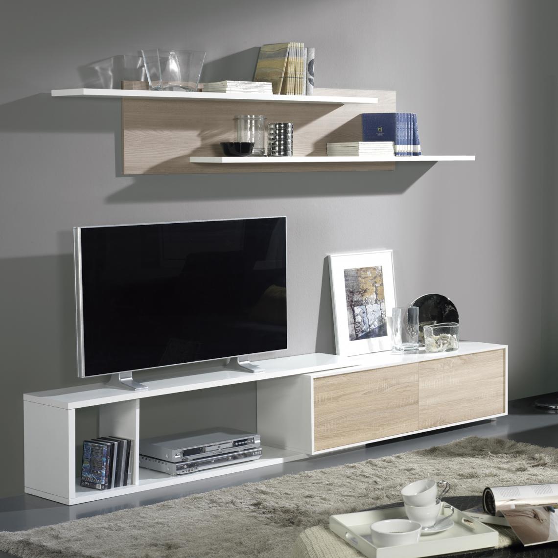 Pegane - Ensemble TV extensible coloris Blanc / Chêne Cambrian - longueur 155-240 x profondeur 35 cm - Meubles TV, Hi-Fi