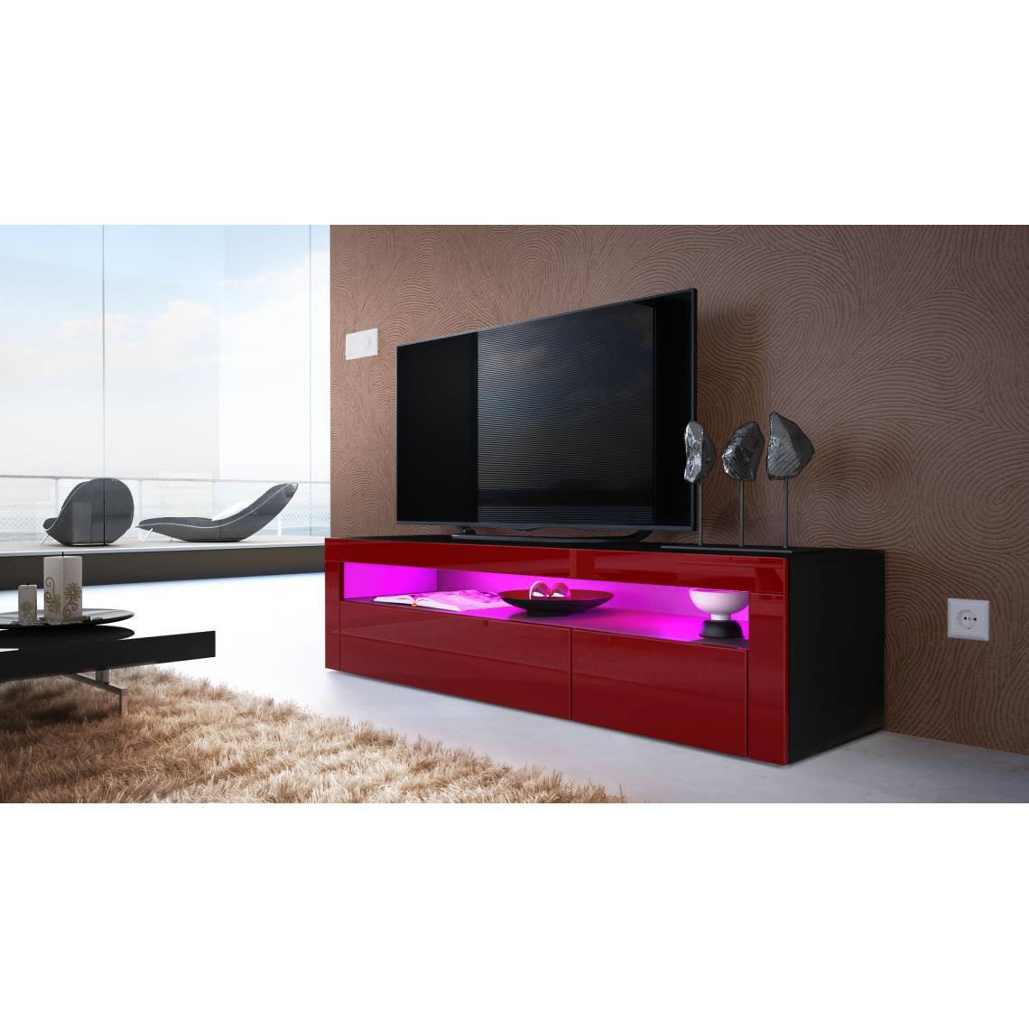 Mpc - Meuble bas noir mat et bordeaux laqué 155 cm + led - Meubles TV, Hi-Fi