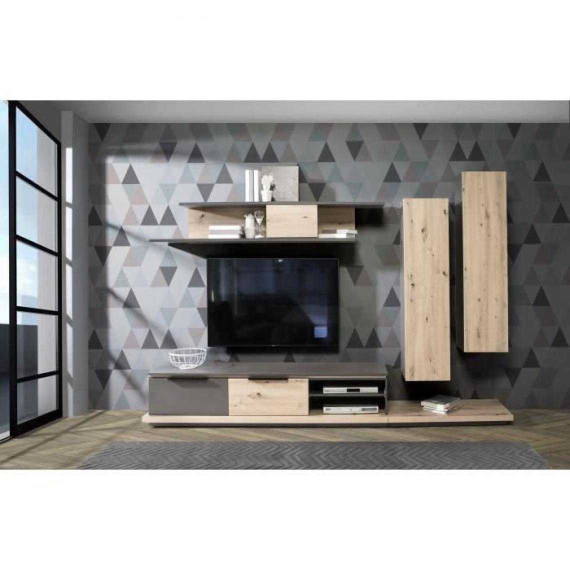 Cstore - CSTORE - ensemble meuble tv - contemporain - Grey star - l 280xp 45xh 178 cm - 3 portes 2 tiroirs - décor chêne et gris - Meubles TV, Hi-Fi