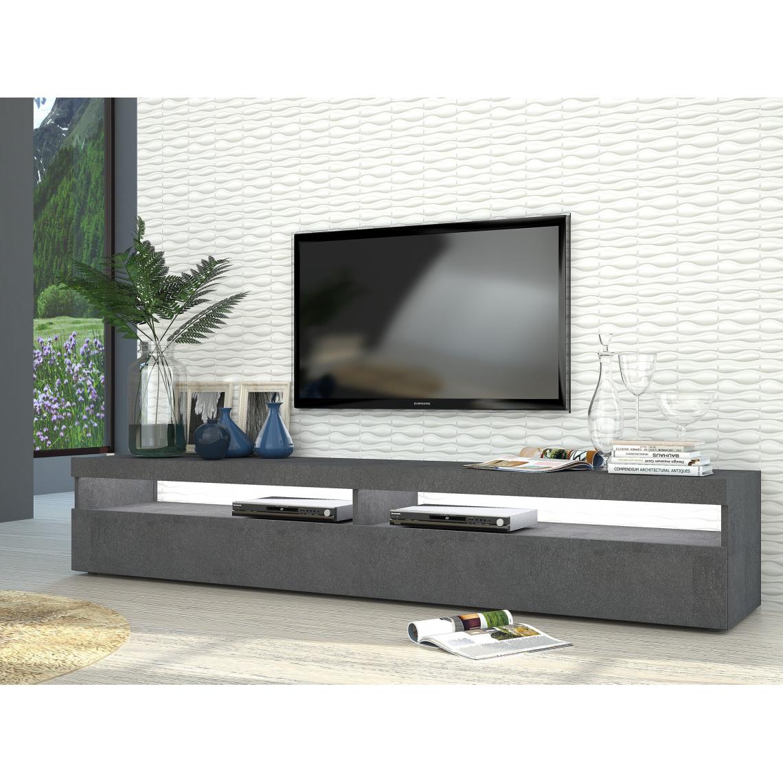 Alter - Meuble TV de salon, Made in Italy, Meuble TV avec 2 portes battantes, cm 200x45h36, couleur gris cendré, avec lumière LED blanche - Meubles TV, Hi-Fi