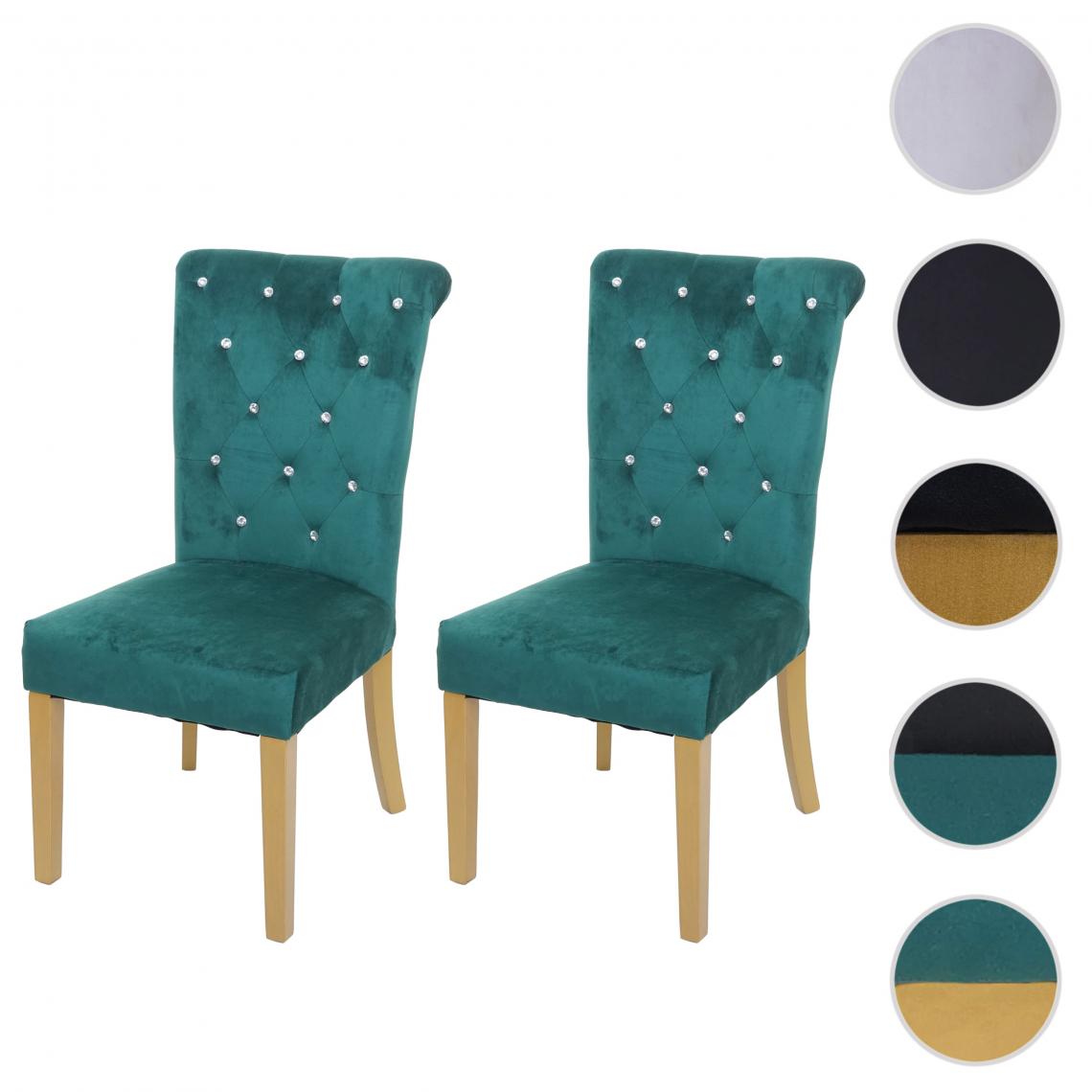 Mendler - 2x chaise de salle à  manger HWC-D22, chaise de cuisine, velours riveté ~ vert foncé, pieds dorés - Chaises