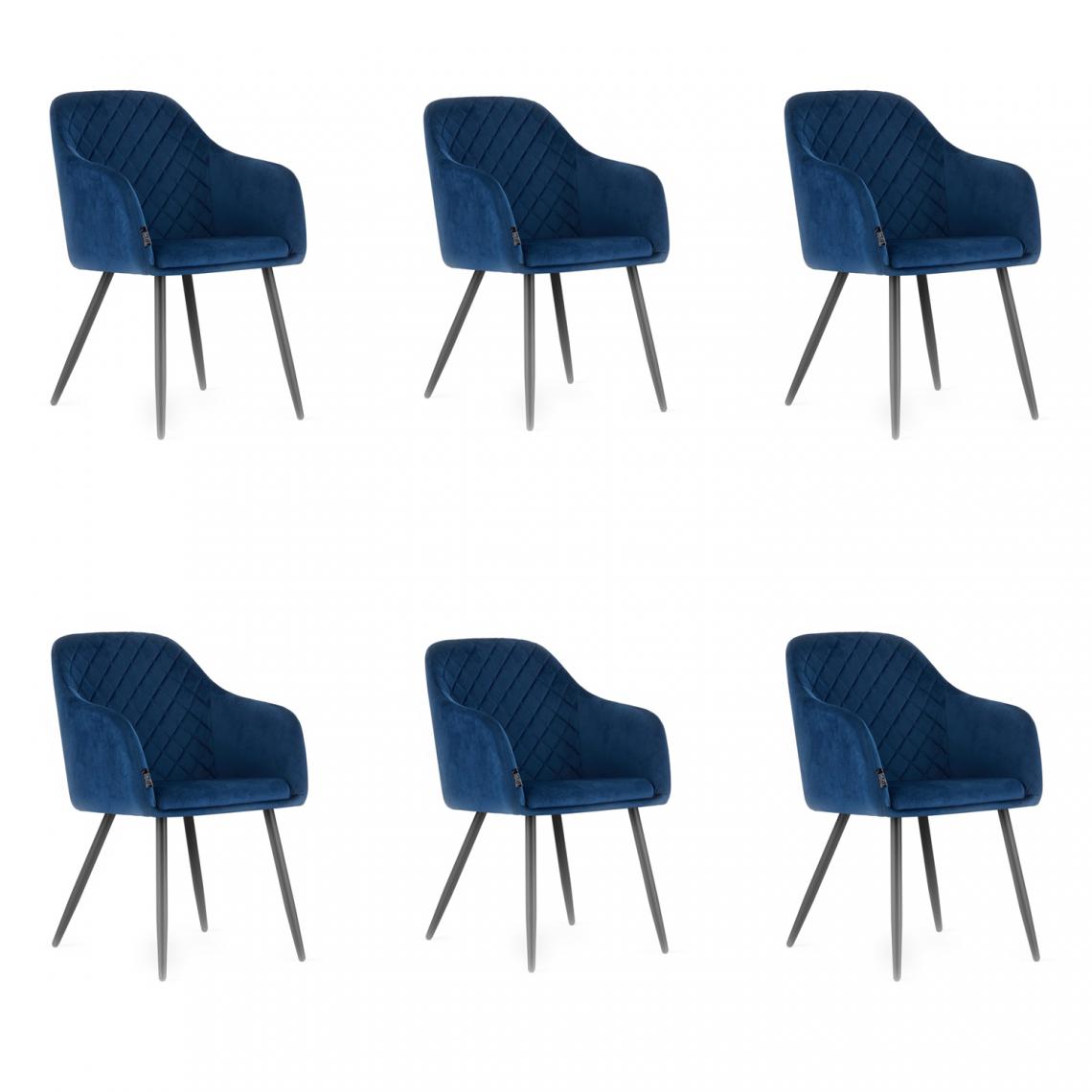 Hucoco - LECCOL - Lot de 6 chaises style glamour salon/salle à manger - 84.5x58.5x52.5 cm - Fauteuil de table - Bleu - Chaises