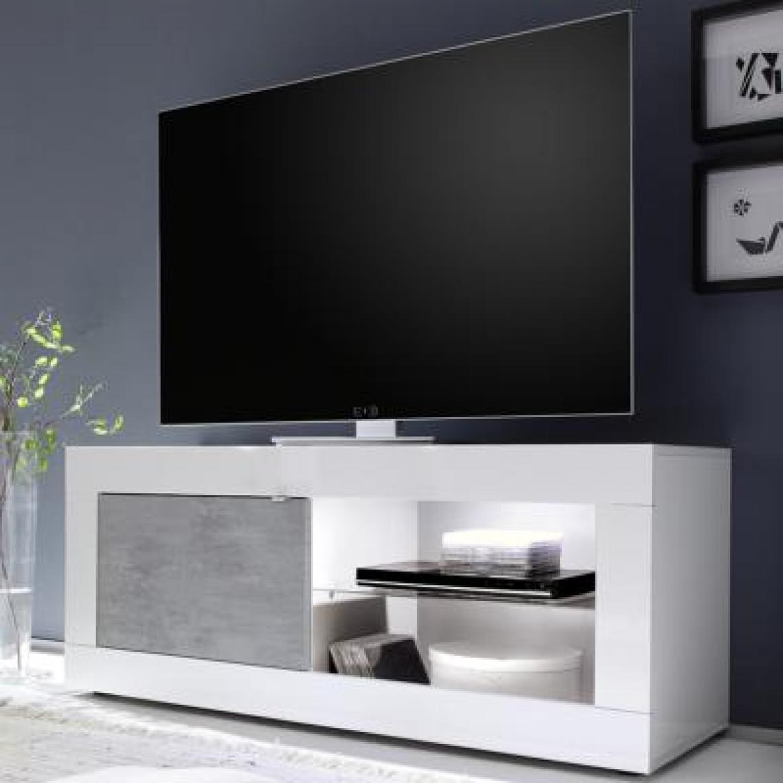 Nouvomeuble - Meuble télé LED blanc et gris effet béton FOCIA 8 - Meubles TV, Hi-Fi