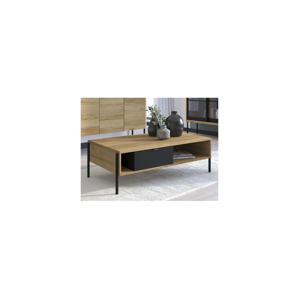 marque generique - Table basse industrielle MEMPHIS - 1 tiroir et 2 niches - Coloris : chêne et noir - Meubles TV, Hi-Fi