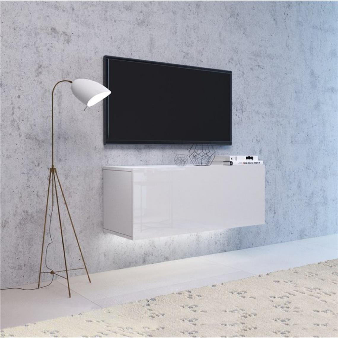Hucoco - VIVIO - Meuble TV à suspendre avec LED salon/séjour - 100x40x38cm - Meuble télévision avec rangements - Aspect bois - Blanc - Meubles TV, Hi-Fi