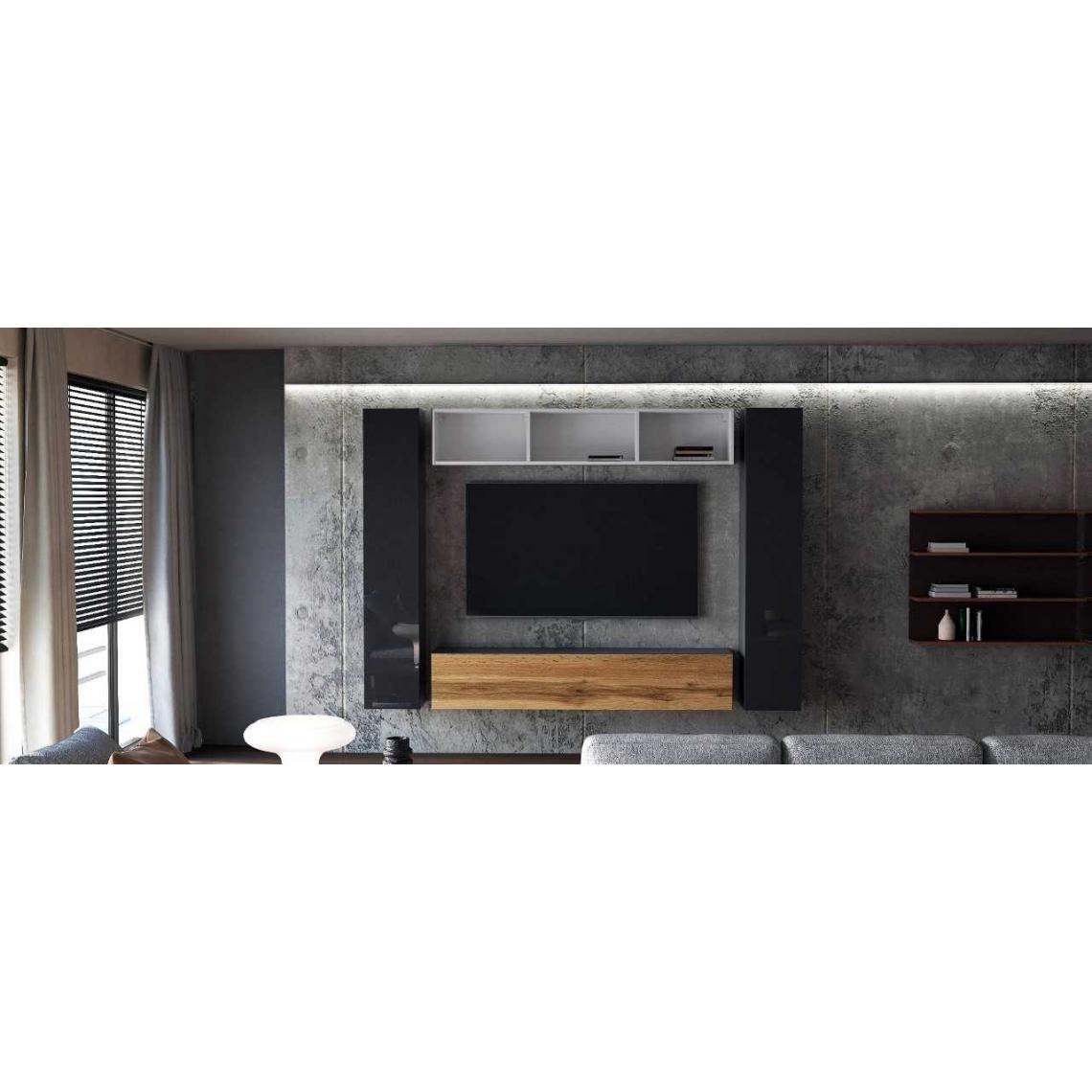 Mpc - Ensemble de 4 meubles suspendus blanc et noir mat/ noir laqué + chêne wotan - Meubles TV, Hi-Fi