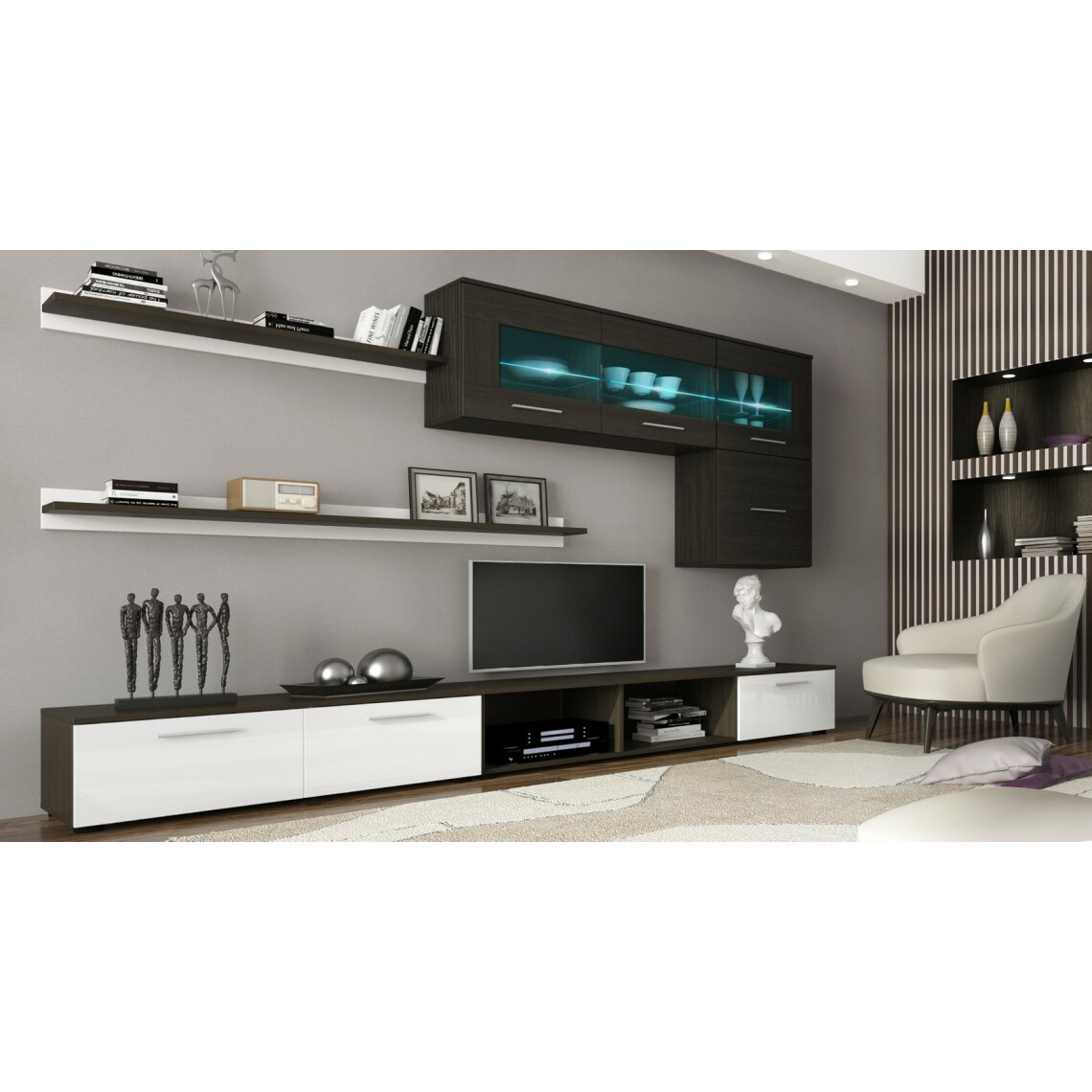 Skraut Home - Ensemble meubles,Blanc Laqué-Wengué,250x190x42cm - Meubles TV, Hi-Fi
