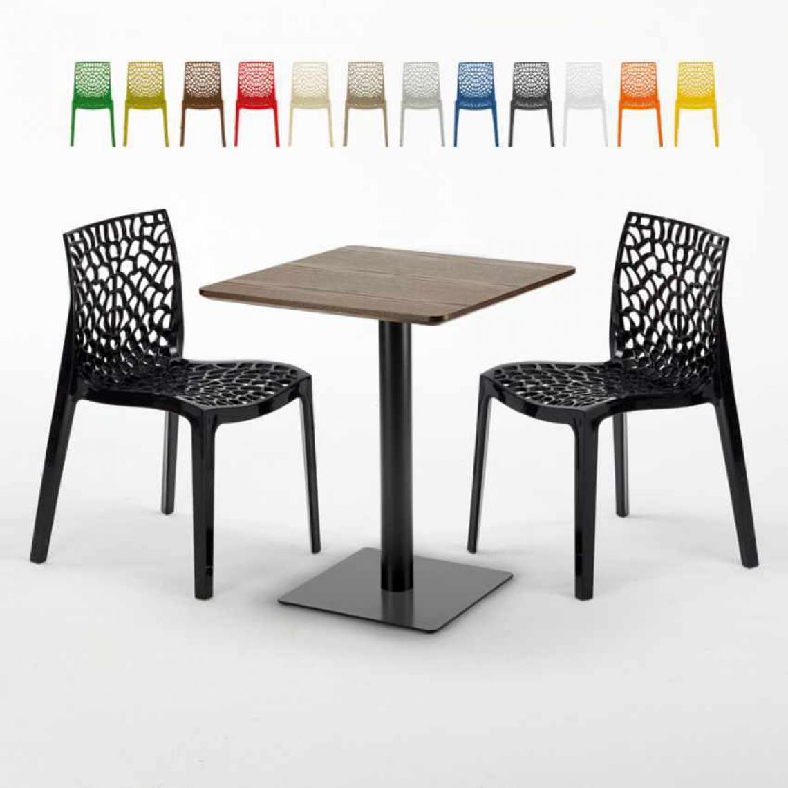 Grand Soleil - Table carrée 60x60 pied noir et surface bois avec 2 chaises colorées Gruvyer Kiss, Couleur: Noir - Tables à manger