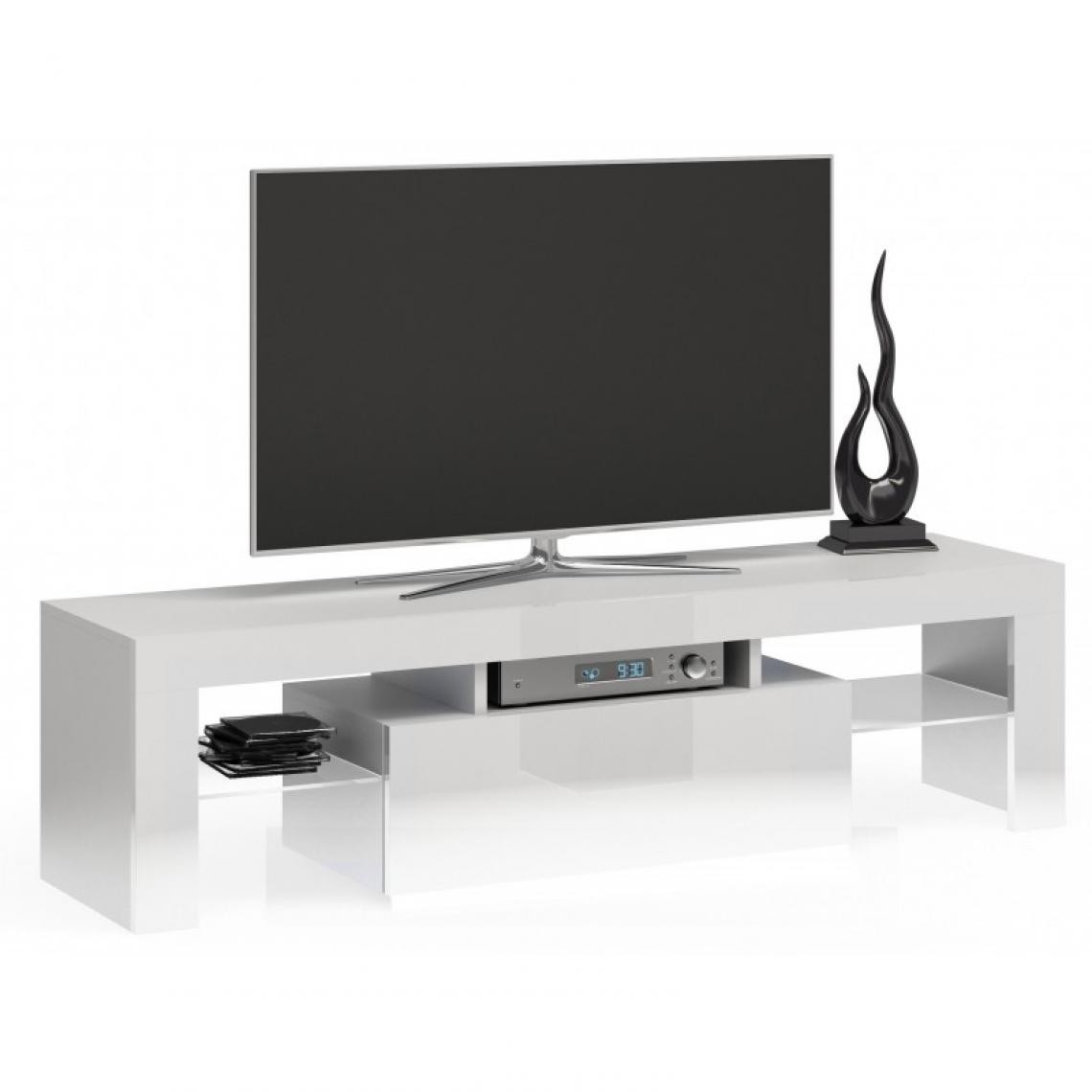 Hucoco - ROSALIE - Meuble TV moderne avec étagères en verre - Dimensions 45x140x40 - Rangement matériel audio/vidéo - Faces effet gloss - Blanc - Meubles TV, Hi-Fi