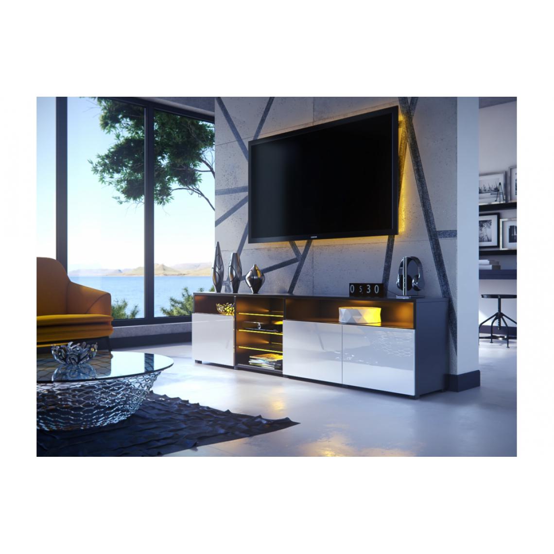 Dusine - MEUBLE TV MASSIMO 200 cm Noir Mat et portes Blanc Laquées LED RGB - Meubles TV, Hi-Fi