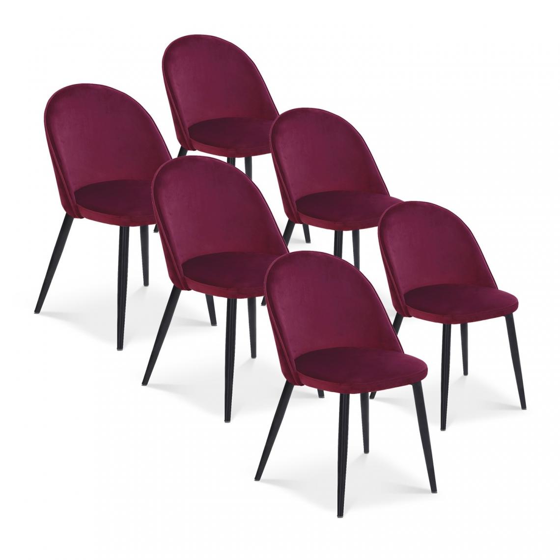 marque generique - Lot de 6 chaises Cecilia velours Rouge pieds noirs - Chaises