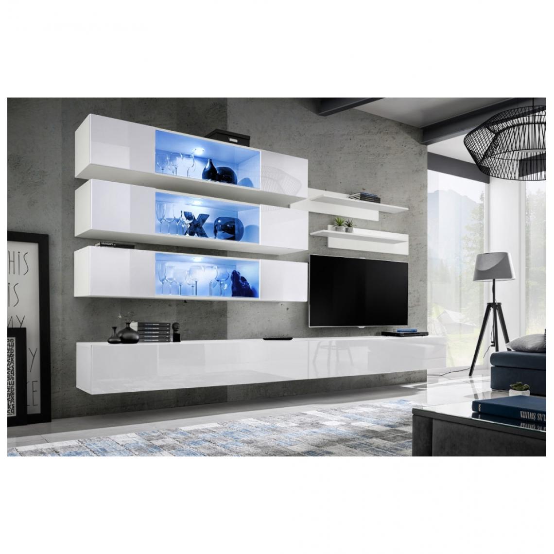 Ac-Deco - Ensemble mural - FLY J - 3 rangements LED - 2 meubles TV - 2 étagères - Blanc - Modèle 2 - Meubles TV, Hi-Fi