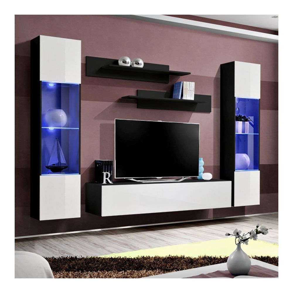 Nouvomeuble - Meuble tele mural blanc et noir LARISSA - Meubles TV, Hi-Fi