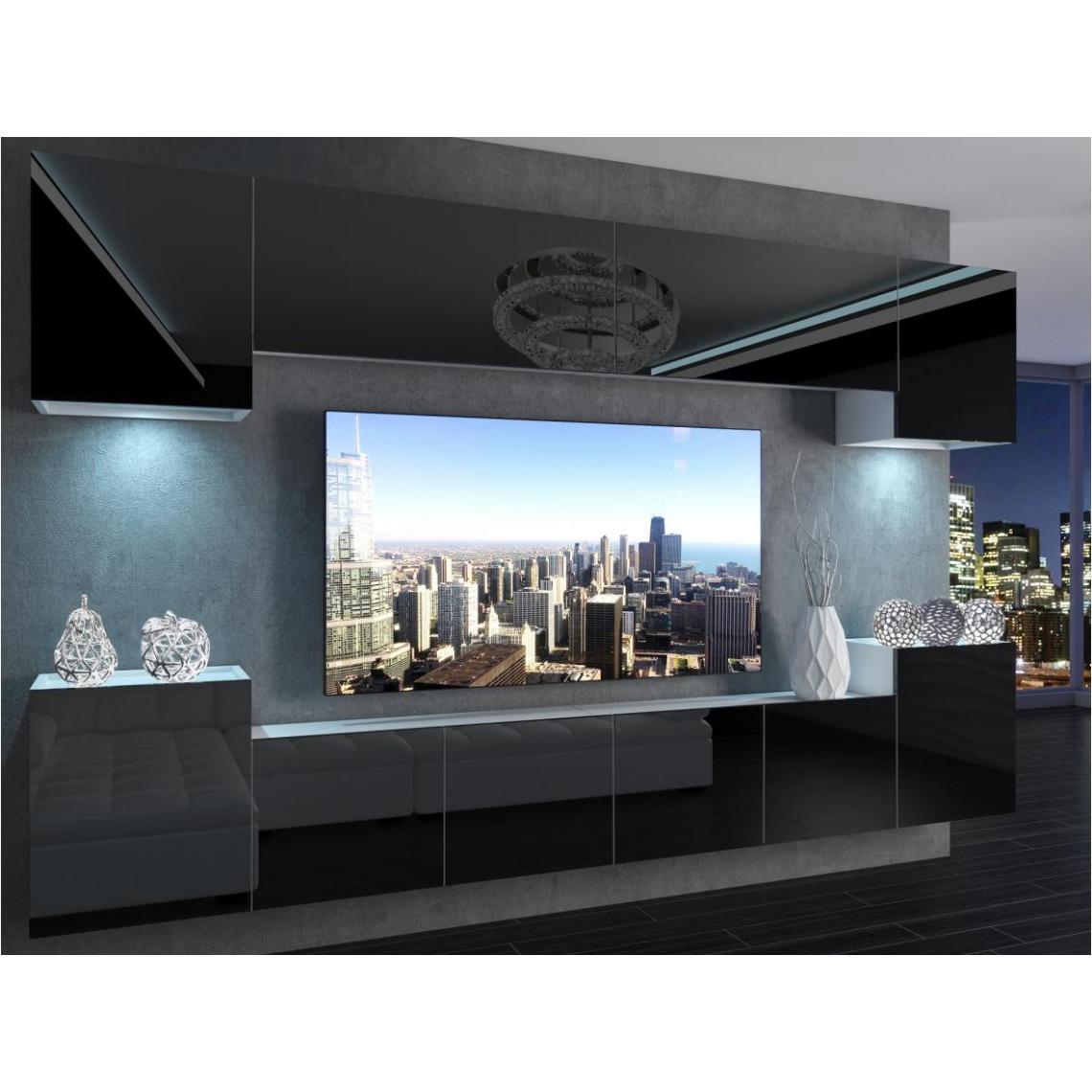 Hucoco - AREN - Ensemble meubles TV + LED - Unité murale style moderne - Largeur 300 cm - Mur TV à suspendre finition gloss - Noir - Meubles TV, Hi-Fi